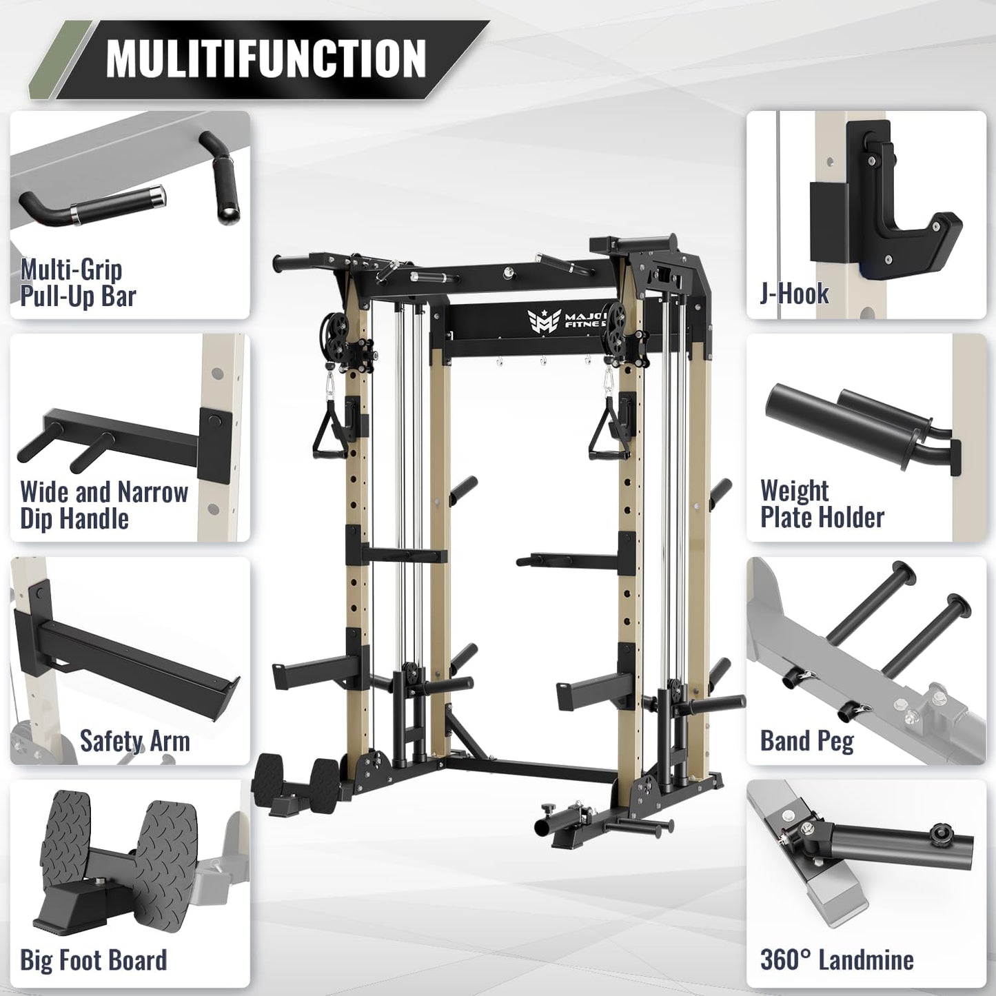MAJOR FITNESS F22 Multi-Functional Power Rack—1600lbs Capacity All-in-One Squat Rack with Dual Pulley System for Home Gym Strength Training