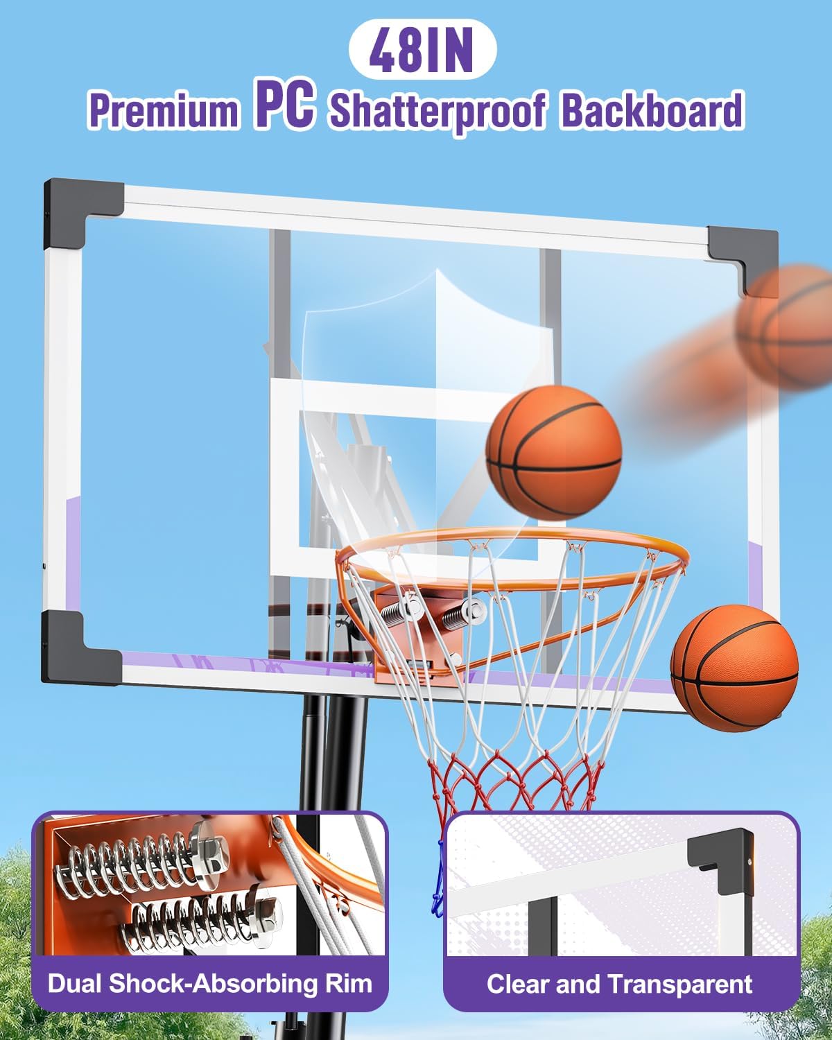 TONBUX Basketball Hoop Outdoor 44/48 Inch Shatterproof PC Backboard, 5.25-10FT Stepless Adjustable Height, Portable Basketball Hoop for Kids/Teens/Adults in Backyard, Driveway and Indoor