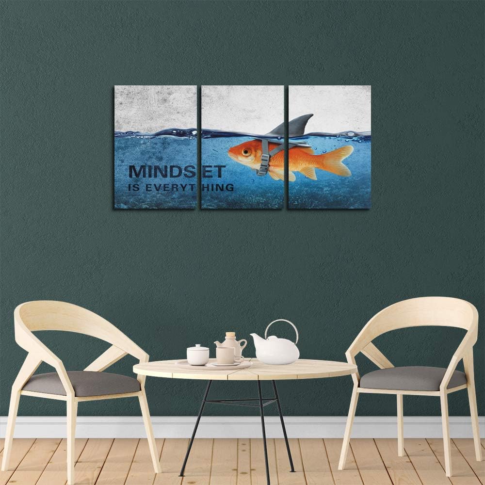 3 Panels Modern Framed Inspirational Canvas Wall Art Goldfish Body Strong Shark Heart Mindset is Everything Motivational Wooden Decor Posters for Office Gym Classroom Home Decoration(48''W x 24''H)