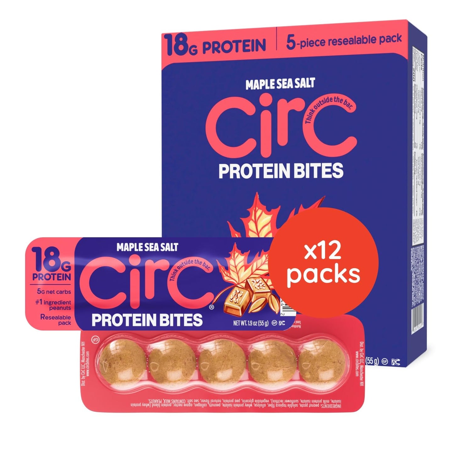 CirC Protein Bites - 12 Count Maple Sea Salt High Energy Balls - 18g of protein 4g Collagen, 5g net carb, Whey & Peanuts - Portable Healthy Snacks in 5-Piece Resealable Packs