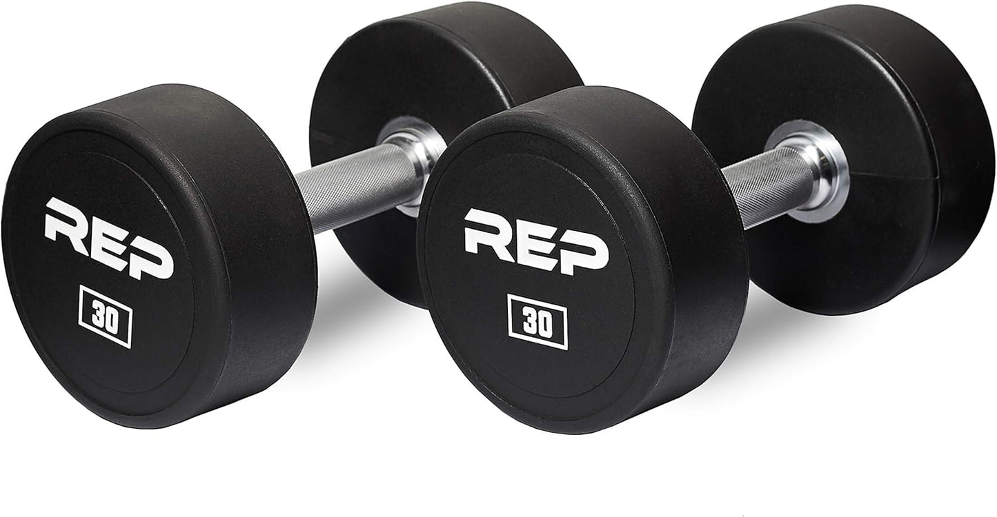 REP Fitness Urethane Coated Round Dumbbells, 5 to 100 lbs, Singles or Pairs, With or Without Rack, Steel Core, Rubber Encased, Chrome Handles, Professional Weights for Home Gym Strength Training