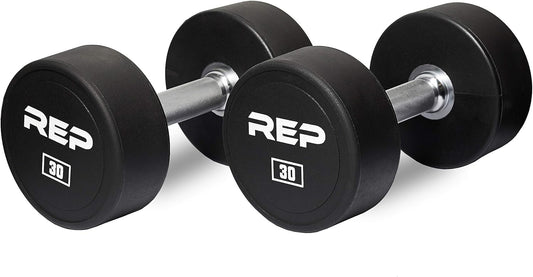 REP Fitness Urethane Coated Round Dumbbells, 5 to 100 lbs, Singles or Pairs, With or Without Rack, Steel Core, Rubber Encased, Chrome Handles, Professional Weights for Home Gym Strength Training