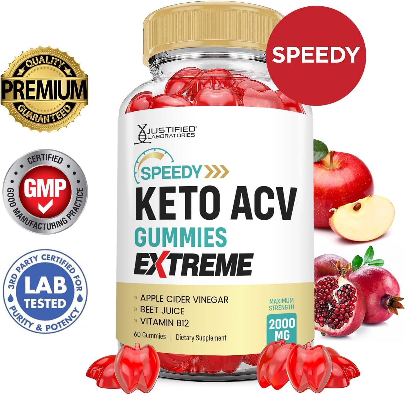 Justified Laboratories Speedy Keto ACV Gummies Extreme 2000MG Speedy Keto Gummies Advanced Formula Apple Cider Vinegar with Pomegranate Beet Juice Powder B12 Vegan Non GMO 60 Gummys