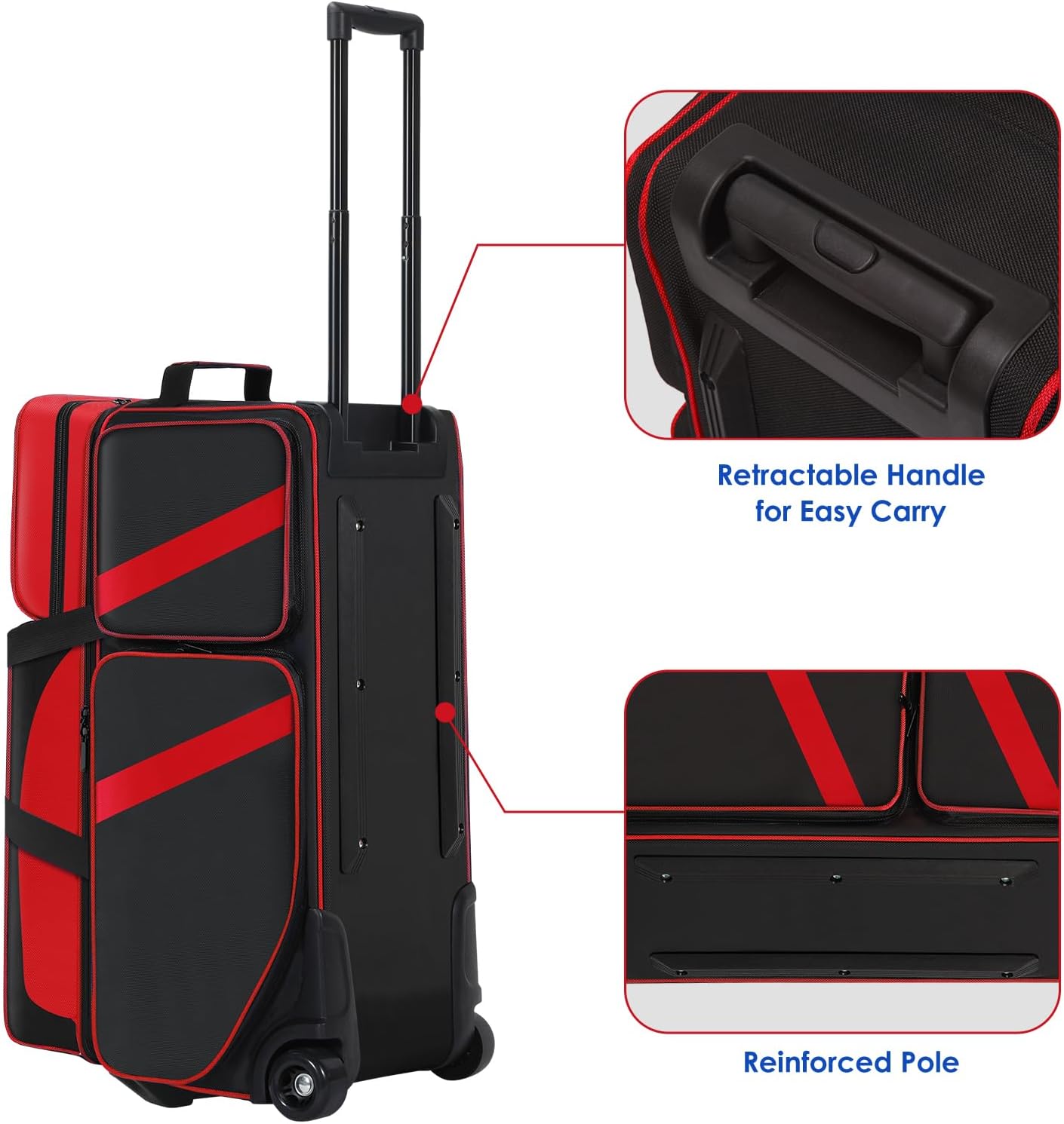 3 Ball Bowling Bags With Wheels,Bowling Bags 3 Ball Roller With Shoes Compartment And Multiple Pockets,3 Ball Bowling Bag has Retractable Handle Extends to 41.5 in