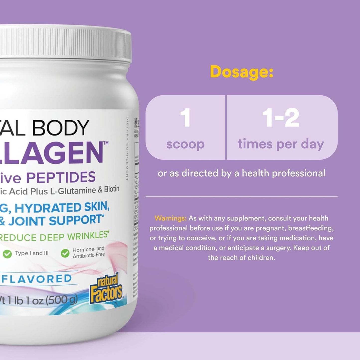 Natural Factors Total Body Collagen Bioactive Peptides Powder for Healthy Skin, Hair & Joints, Unflavored, 500 g