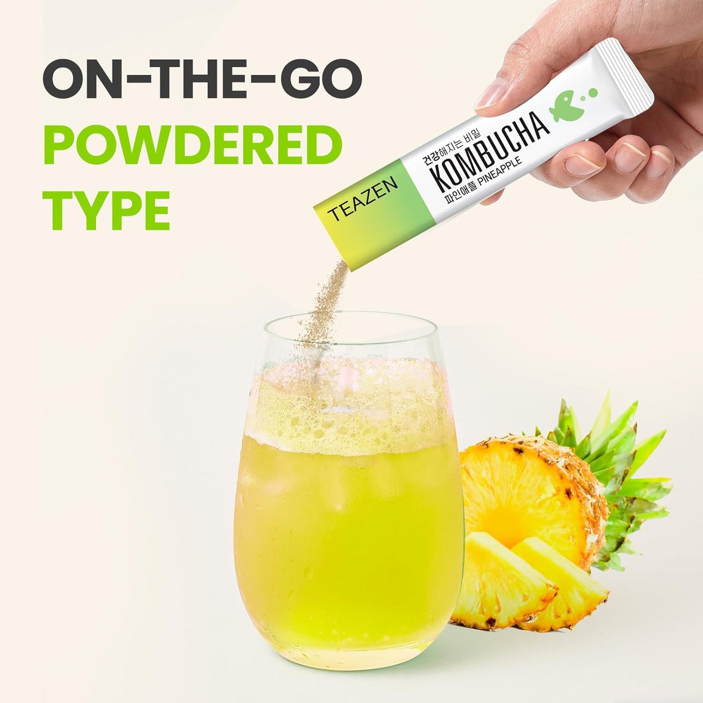 TEAZEN Pineapple Kombucha Tea, Hydration Drink Mix, Sugar Free, Live Probiotics & Prebiotics, 30 Sticks, 5.29oz