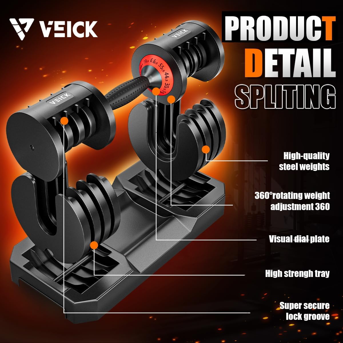 VEICK 25/55 lbs Adjustable Dumbbell with Anti-Slip Turning Handle, Fast Adjust Weight for Men Women, Exercise Equipment with Tray for Home Gym Full Body Workout Fitness