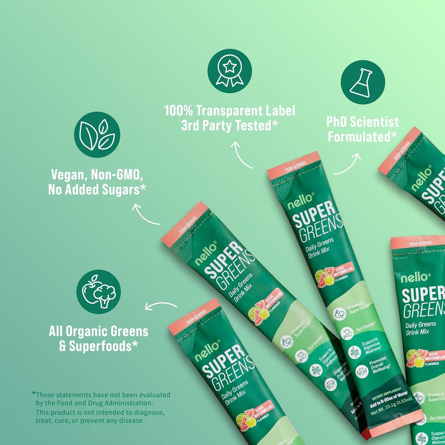 Supergreens Premium Superfood Greens Drink Mix w/Chlorella, Moringa, Spinach & Broccoli + Digestive Enzymes & Probiotic Blend -Nutrient-Packed Powder (Sour Watermelon 20 SRV, Travel Pack)