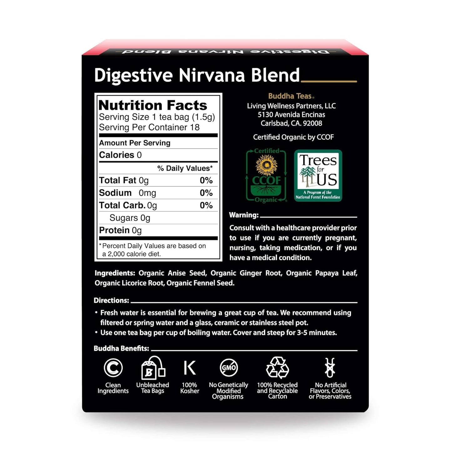 Buddha Teas - Organic Digestive Nirvana Blend - Herbal Tea - For Health & Wellbeing - With Antioxidants & Minerals - Clean Ingredients - Caffeine Free - OU Kosher & Non-GMO - 18 Tea Bags (Pack of 1)