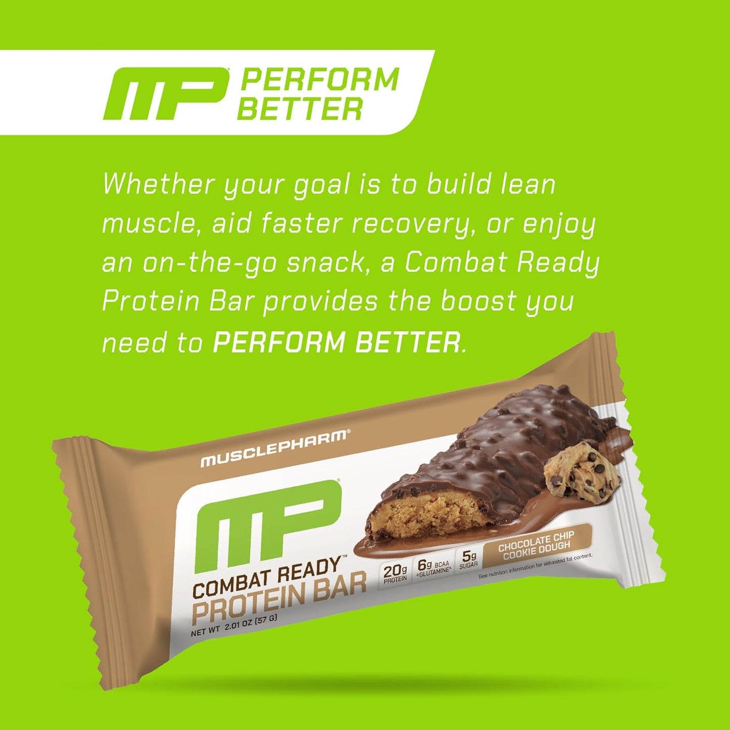 MusclePharm Combat Sport Bar, Chocolate Chip Cookie Dough, High Protein Bars, Combat Cravings, Fuel Performance & Meet Energy Demands, 20g Protein from Whey Protein, 5g Fiber, Gluten Free, 12 Bars