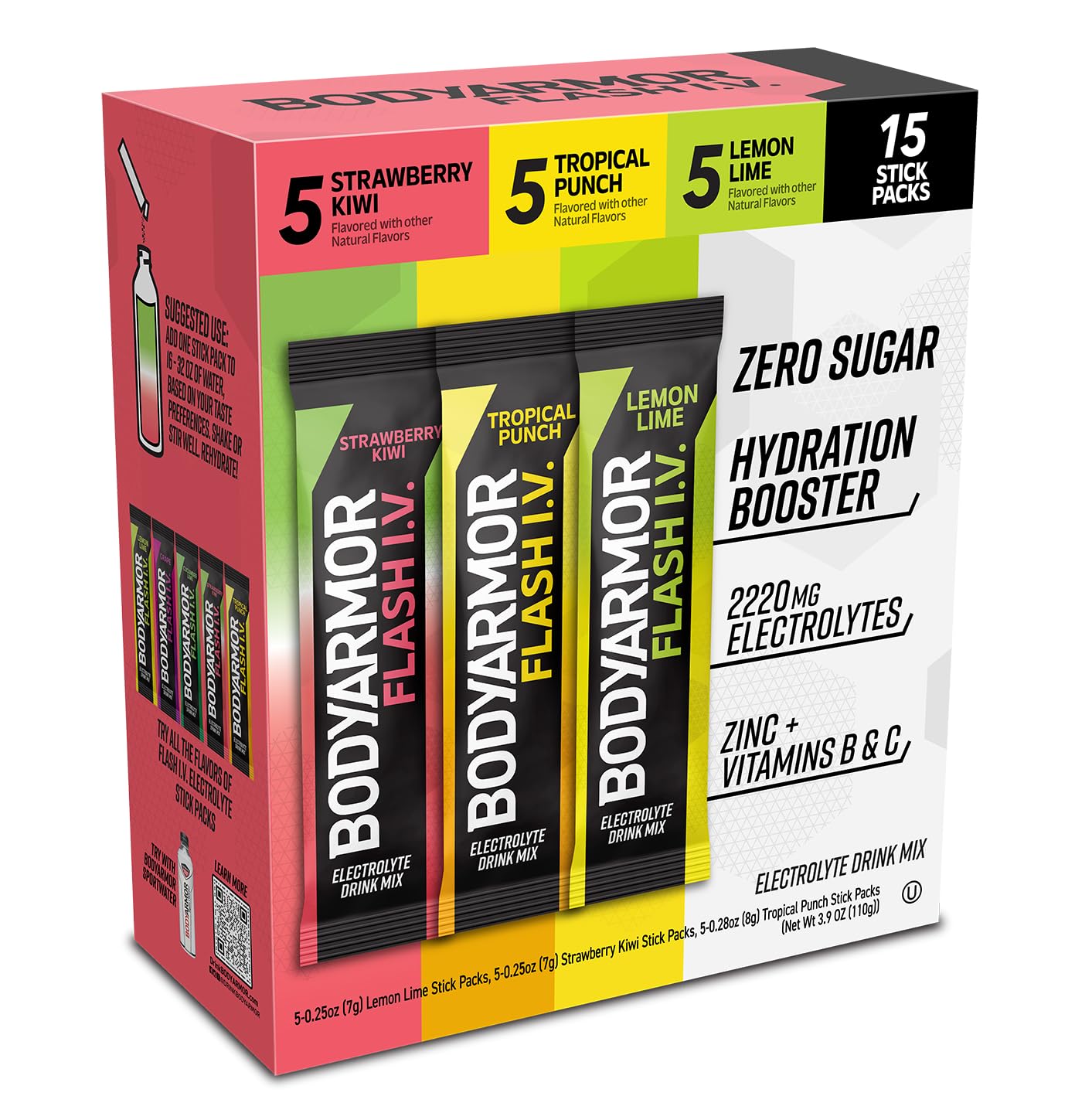 BODYARMOR Flash IV Electrolyte Packets, Strawberry Kiwi, Lemon Lime, & Tropical Punch Variety Pack - Zero Sugar Drink Mix, Single Serve Packs, Coconut Water Powder (15 Count)