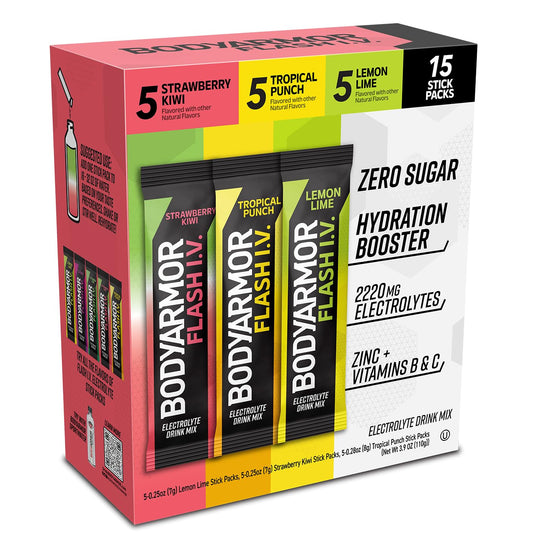 BODYARMOR Flash IV Electrolyte Packets, Strawberry Kiwi, Lemon Lime, & Tropical Punch Variety Pack - Zero Sugar Drink Mix, Single Serve Packs, Coconut Water Powder (15 Count)