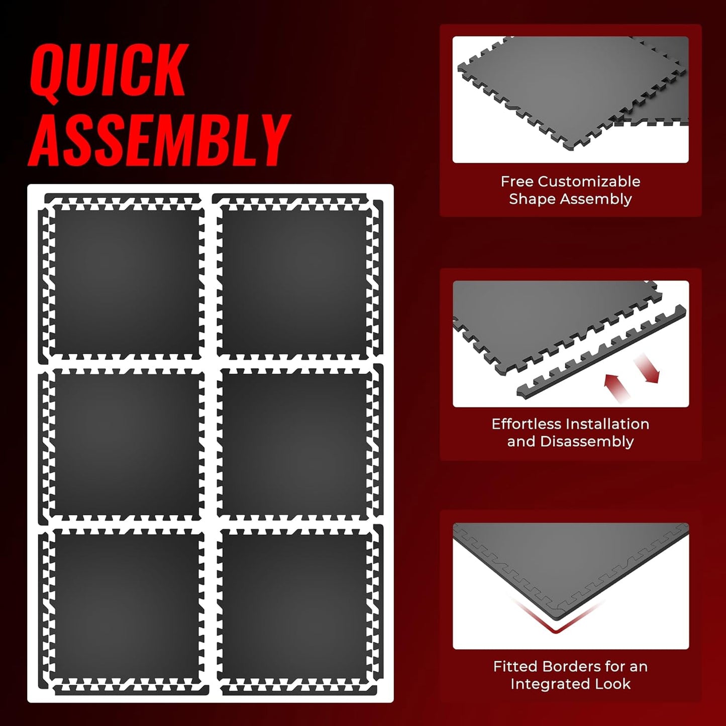 SUPERJARE 0.56'' Thick 6 Pcs 24 Sq Ft Rubber Top Exercise Equipment Mats, High Density EVA Foam Mats with Rubber Top, Interlocking Gym Flooring for Home Gym, Protective Workout Mat, Black