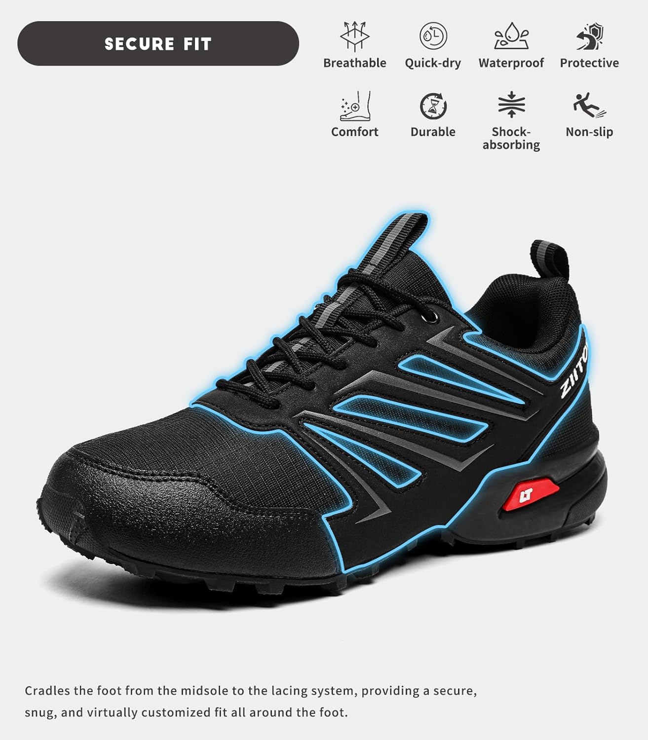 Mens Trail Running Shoes Waterproof Non-Slip Hiking Walking Sneakers for Outdoor Trailing Trekking Camping Quest Black