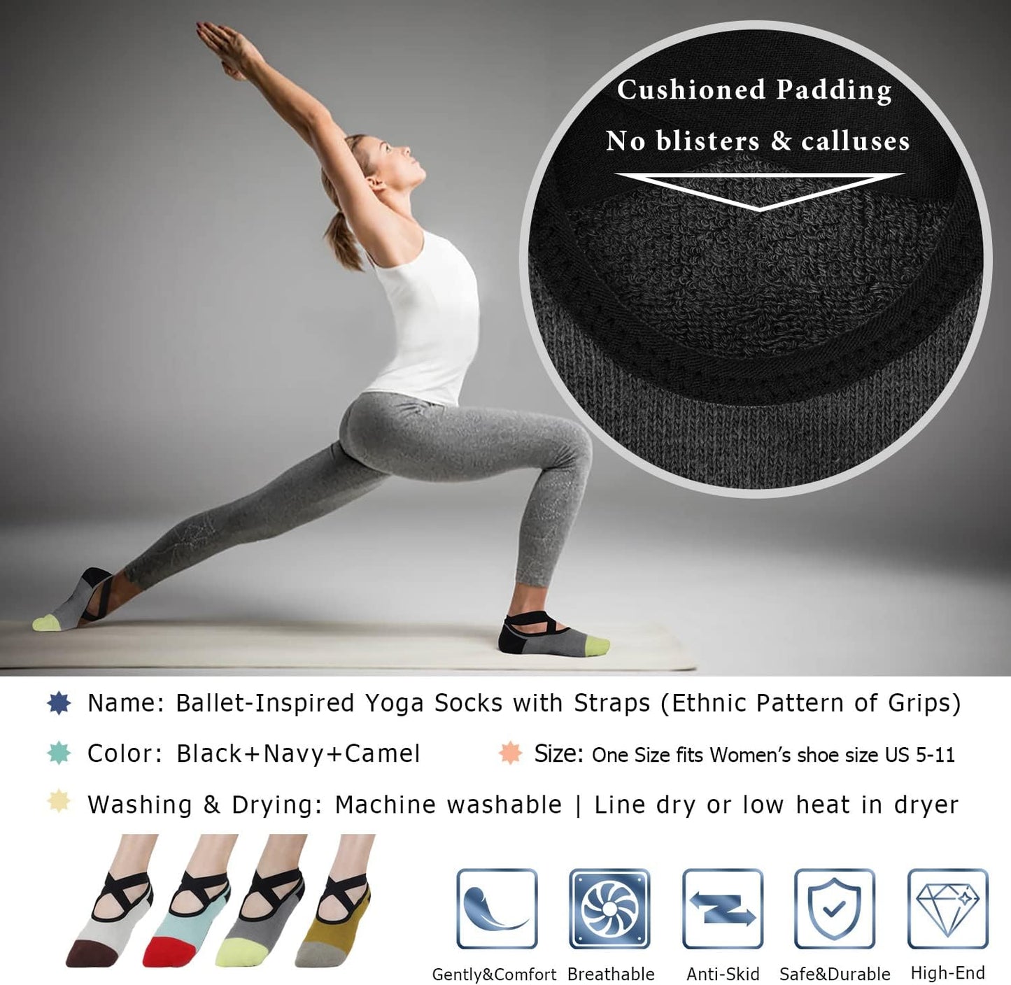 Ozaiic Yoga Socks for Women Non-Slip Grips & Straps, Ideal for Pilates, Pure Barre, Ballet, Dance, Barefoot Workout