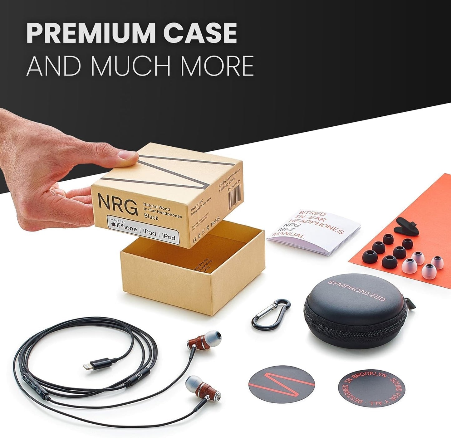 Symphonized iPhone Earphones Wired Deep Bass Sound, 3D Sound, Microphone Volume Control, 90% Noise Cancelling, Bubinga Wooden with Lightning (Apple MFI Certified), iPhone SE to 14 Earbuds (Black)