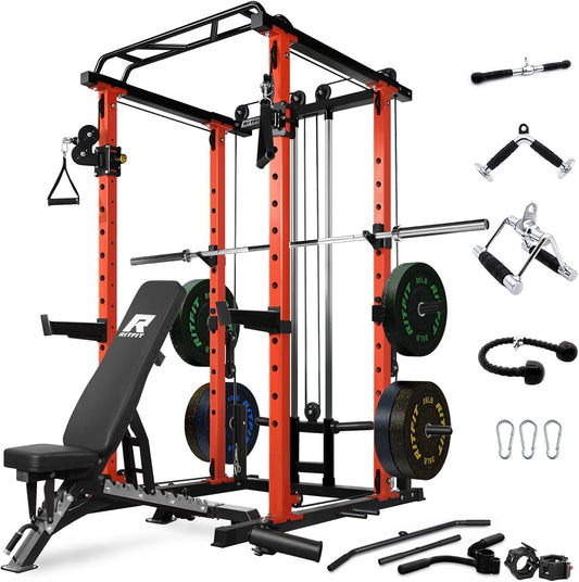 RitFit Power Cage with Optional LAT PullDown/Cable Crossover, 1000LB Squat Rack for Home & Garage Gym, with Weight Storage Rack and More Training Attachments, ASTM-Certified