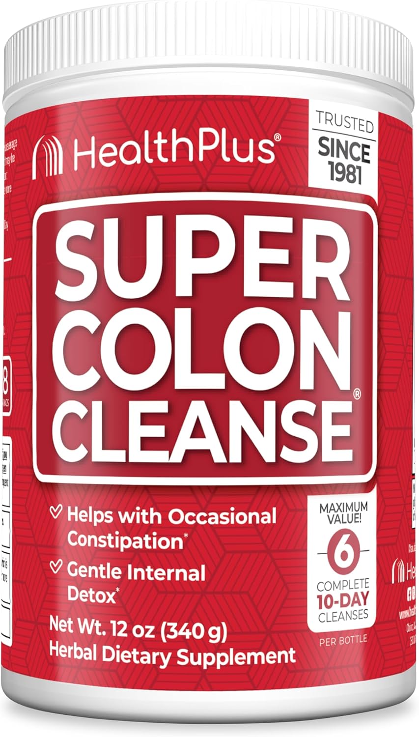 Health Plus Super Colon Cleanse, 12 oz Powder, 68 Servings - Natural Detox, Digestive Constipation Relief, Gentle Gut Cleanse with Psyllium Husk & Senna Leaf