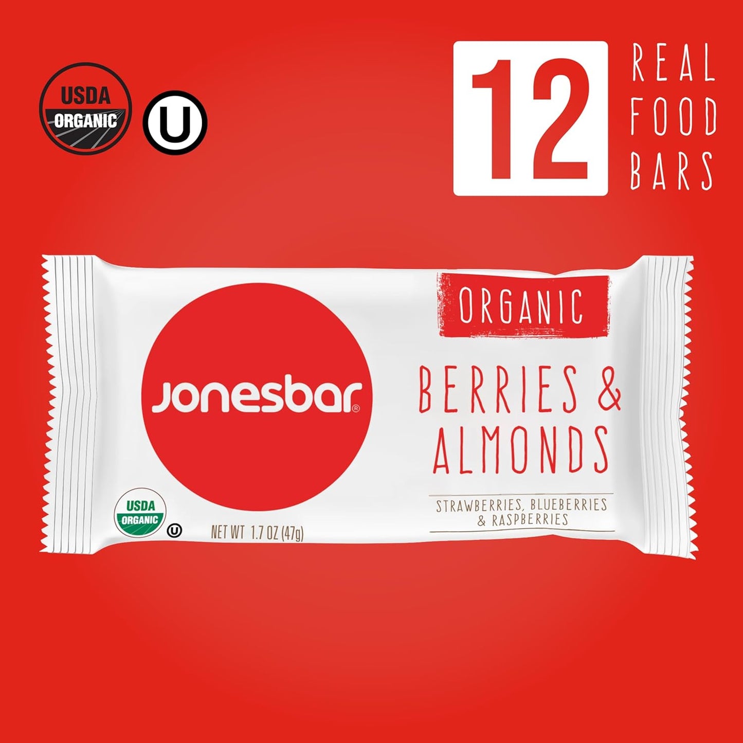 JONESBAR (Berries and Almonds, 12 Count (Pack of 1)), USDA Organic Fruit & Nut Bar, Non-GMO, Kosher, Vegan, Gluten Free, Simple Snack Bar