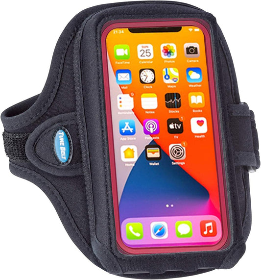 Tune Belt AB92 Cell Phone Armband for Running - Fits iPhone 16/15/14/13 Pro Max, Plus, Samsung Galaxy Ultra/Plus/Note and Large Phones with Protective Cases, Sweat-Resistant Exercise Holder (Black)