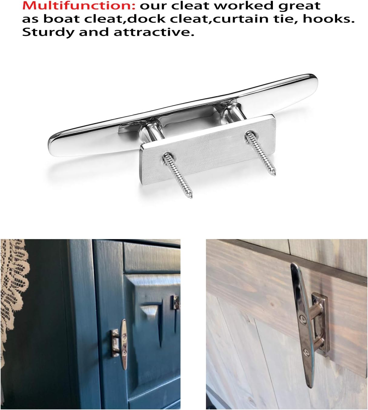 Boat Cleat 5 Inch Open Base 4 Pcs, Small Dock Cleat, Heavy Duty 316 Stainless Steel, Curtain Tie, Hook, Include Installation Screws