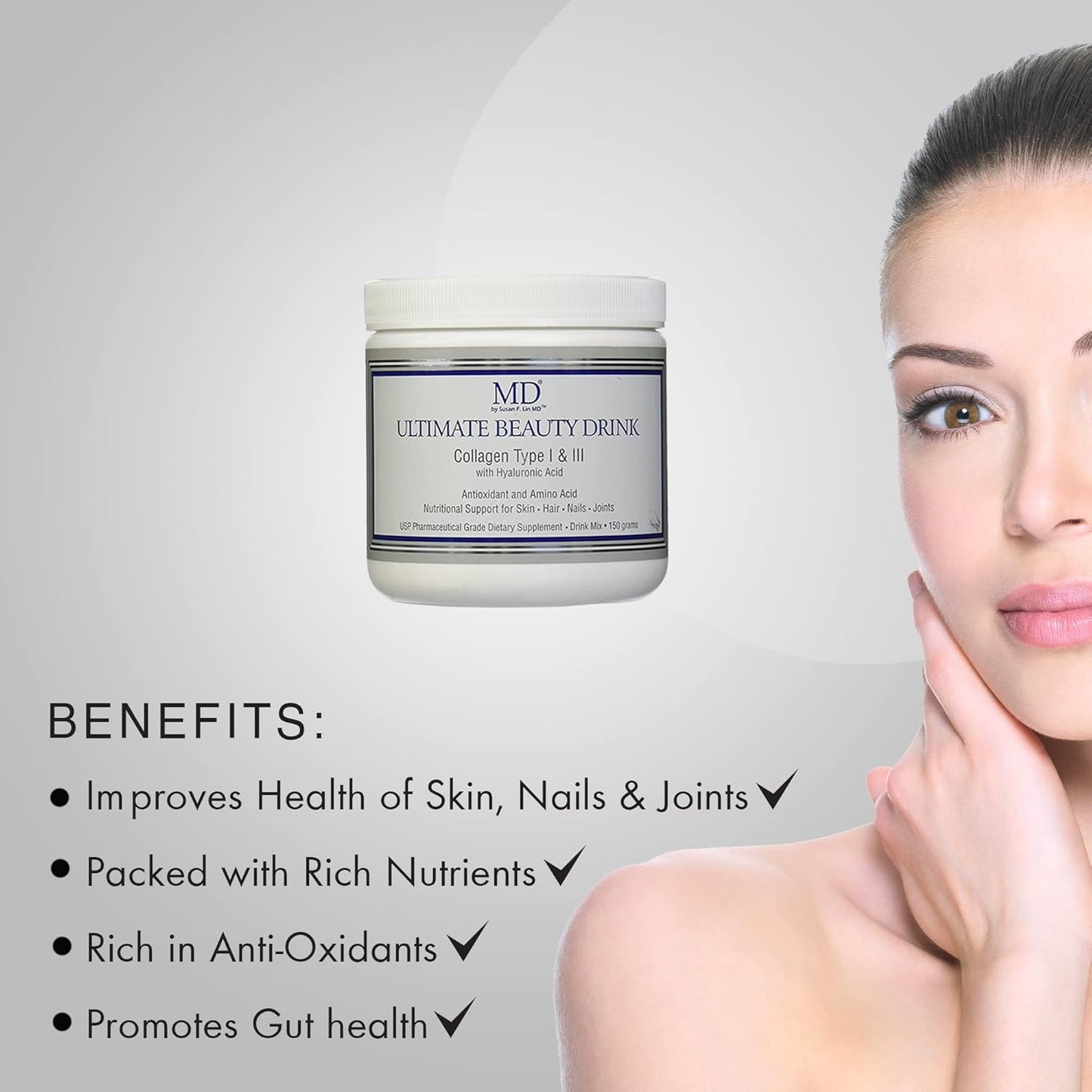 MD Ultimate Beauty Drink Powder CollagenType I & III | Collagen Dietary Supplement with Antioxidants | Provides Nutritional Support to Skin, Hair, Nails, Joints | 150 Grams