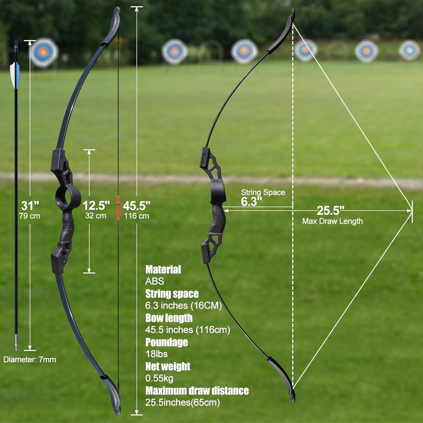 Bow and Arrow Set for Adults Beginners, Upgraded Round Double Arrow Rest, Soft Silicone Finger Guard, Archery Recurve Bow 18lbs with Practice Arrows Suitable for Outdoor Backyard Target (Black)
