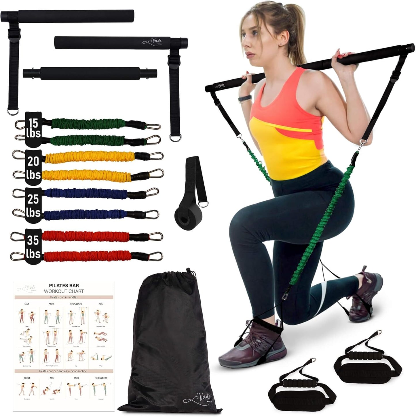 Verde Acqua Pilates Essentials Kit for Short Women with Resistance Bands - Multifunctional Pilates Sculpt Bar - Home Gym Workout Equipment - Includes Exercise Chart for Full Body Workout