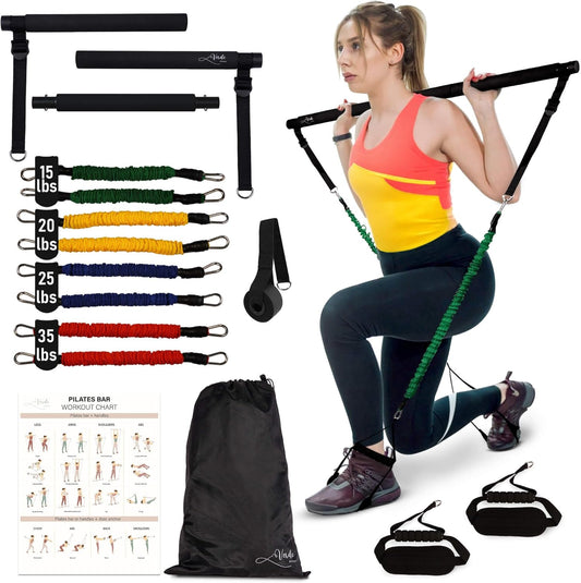 Verde Acqua Pilates Essentials Kit for Short Women with Resistance Bands - Multifunctional Pilates Sculpt Bar - Home Gym Workout Equipment - Includes Exercise Chart for Full Body Workout