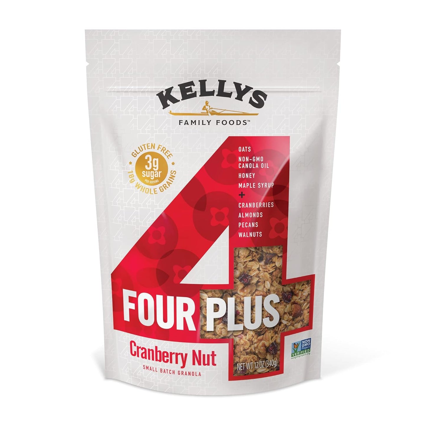 Kelly's Four Plus (Cranberry Nut) Granola Cereal with Whole Grain Oats, Honey, Maple Syrup - Non-GMO, Low Sugar, Sodium Free and Gluten Free Granola for Yogurt - 12oz