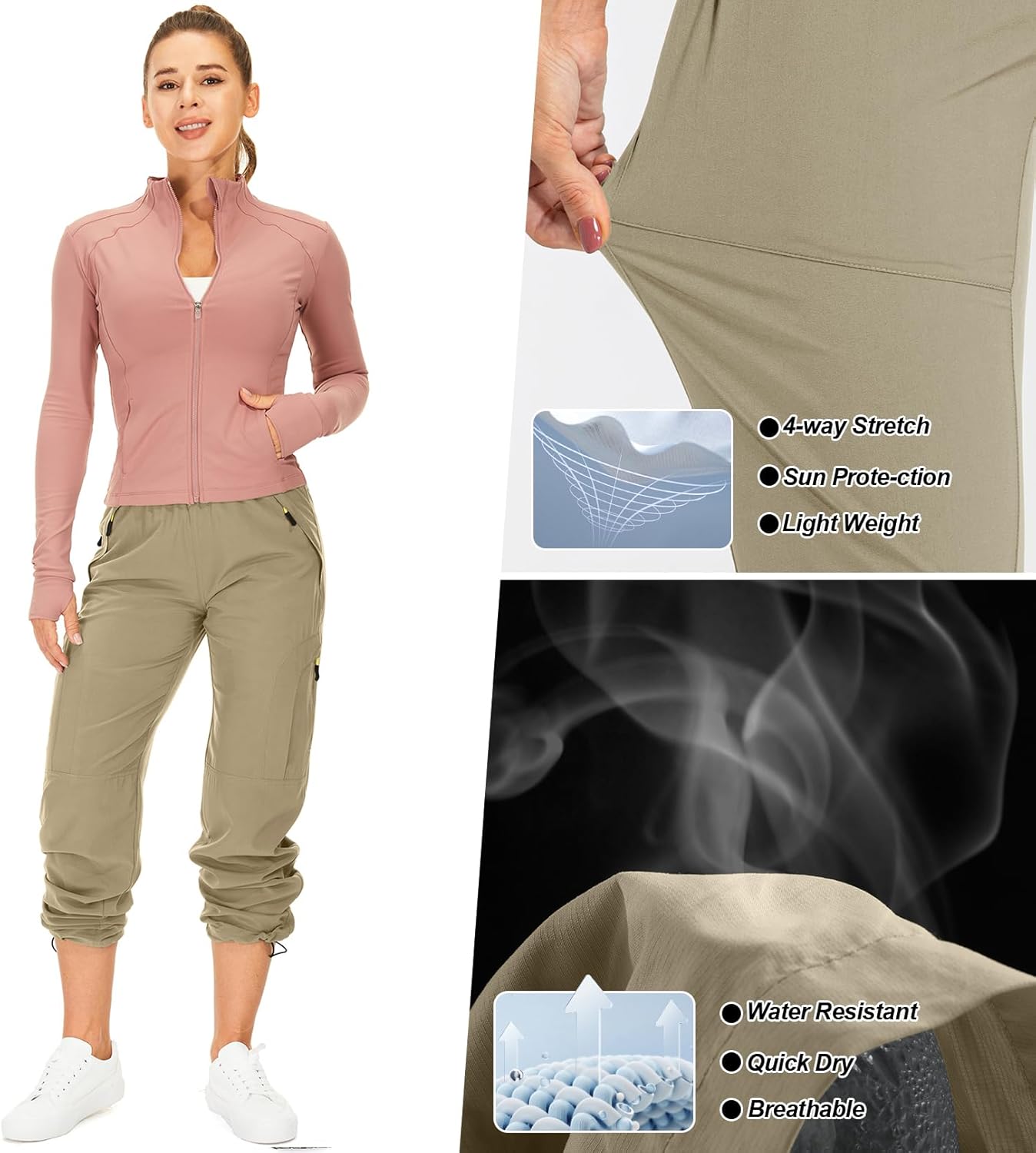 Womens Hiking Pants Quick Dry UPF 50 Lightweight Travel Golf Cargo Safari Pants Zipper Pockets