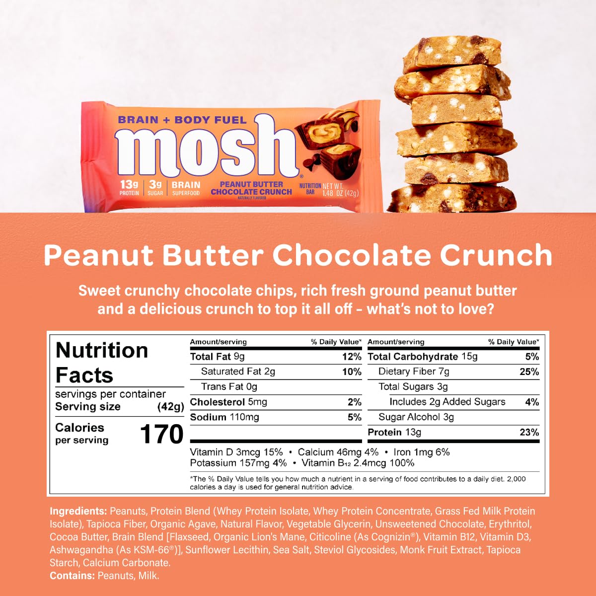 MOSH Peanut Butter Chocolate Keto Protein Bars, High Fiber, Low Carb, Gluten Free, High Protein, Brain Healthy Snack, 12 Count