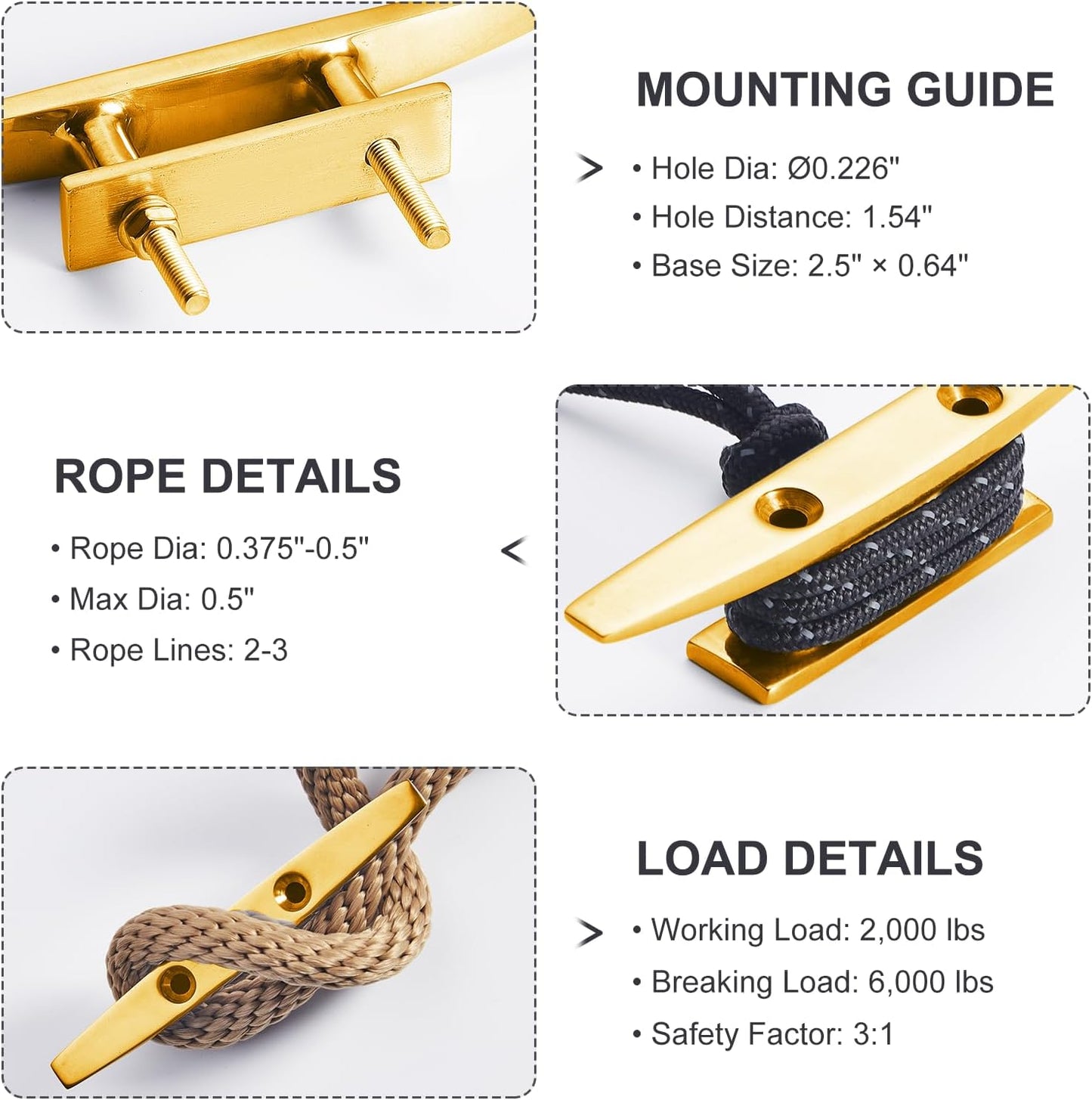 Boat Dock Cleat, 316 Marine Grade Stainless Steel Open Base Cleats with Hardware, Heavy Duty Mooring Accessories for Yacht Kayak Jetski (2-Pack)