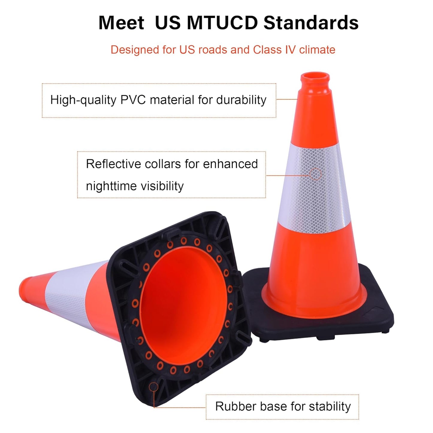 OrangeStar 8Pack 18" Orange Traffic Safety Cones, PVC Parking Cone Construction Cones w/Reflective Collar Heavy Duty Rubber Base for Driving Practice, Parking Lots and Roadwork