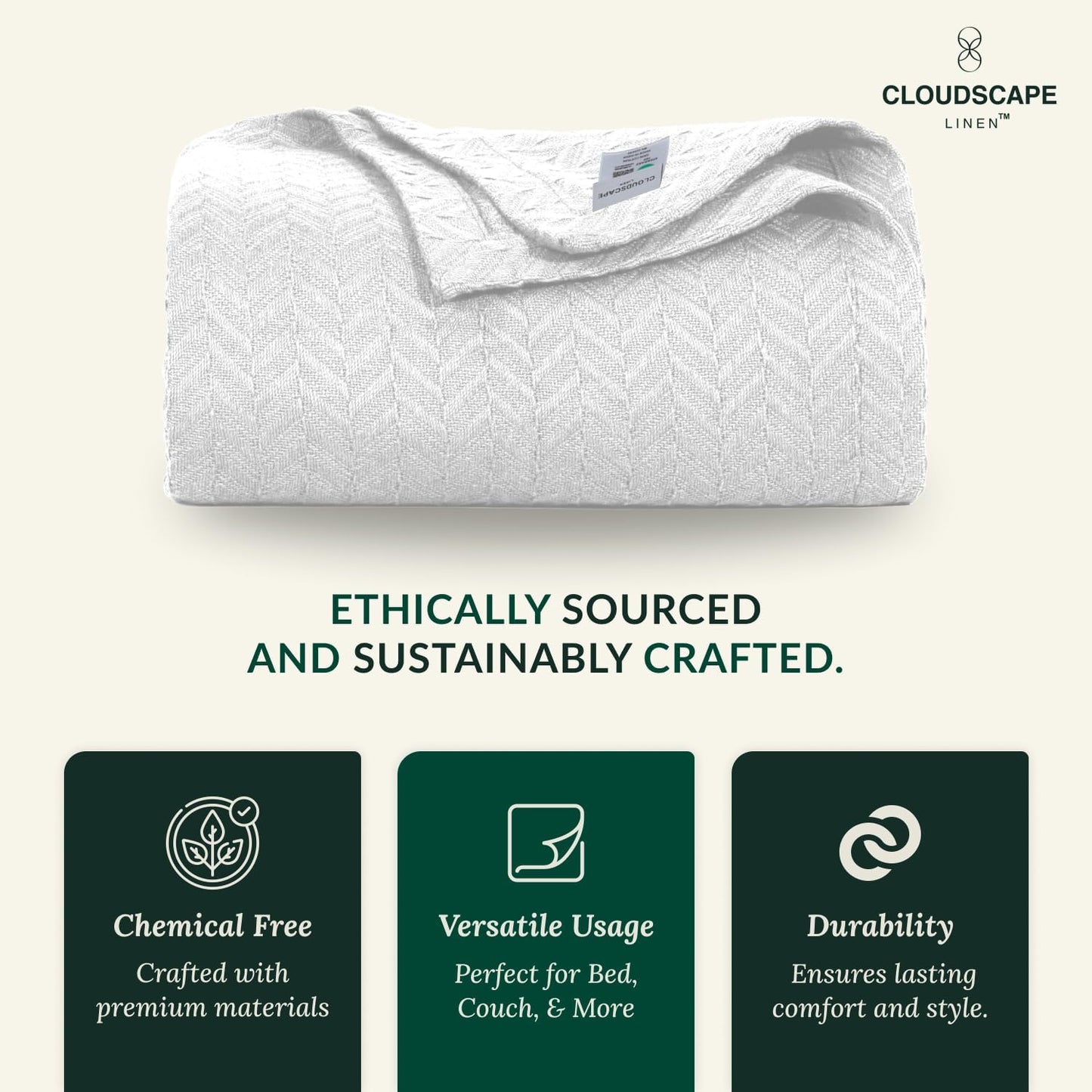 Cloud Scape Linen Herringbone Cotton Throw Blanket for Couch, Bed,Sofa, Home Decor, Soft, Lightweight, All-Season Bed Blanket, 50 x 70, White