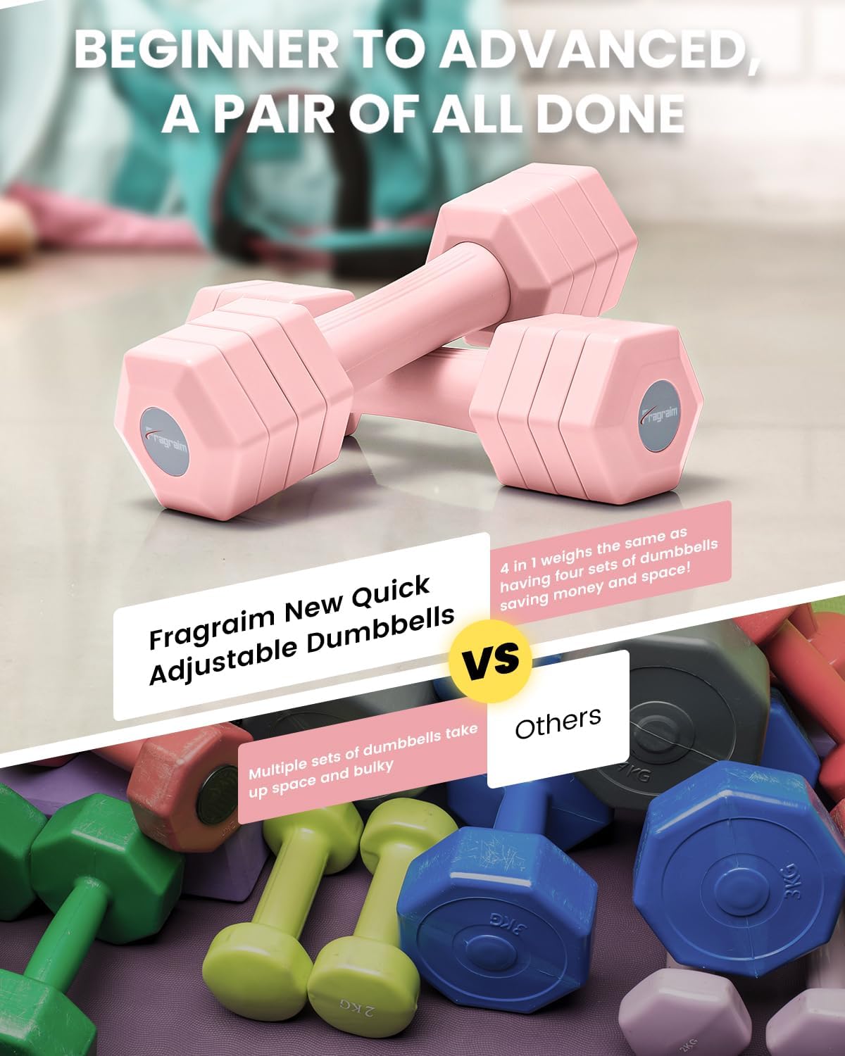 Adjustable Dumbbells Set, 4 in 1 Hand Weights Set for Women Men 10 LB/ 12 LB Dumbbell Pair Each 2lbs 3lbs 4lbs 5lbs Weights Dumbbells Set with TPU Soft Rubber Handle for Home Gym Exercise Fitness