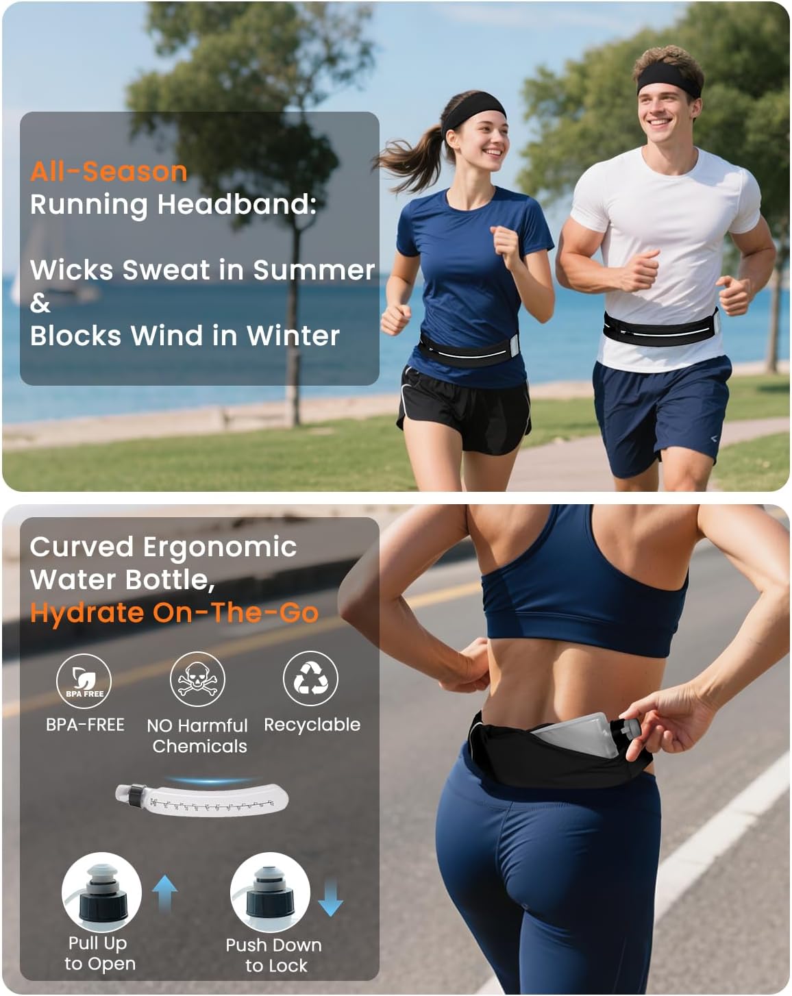 Running Belt for Women and Men, Adjustable Fanny Packs No Bounce Phone Holder for Running with Water Bottle & Headband, Waterproof Reflective Waist Packs for Runner Fits All Phones (M-Black)