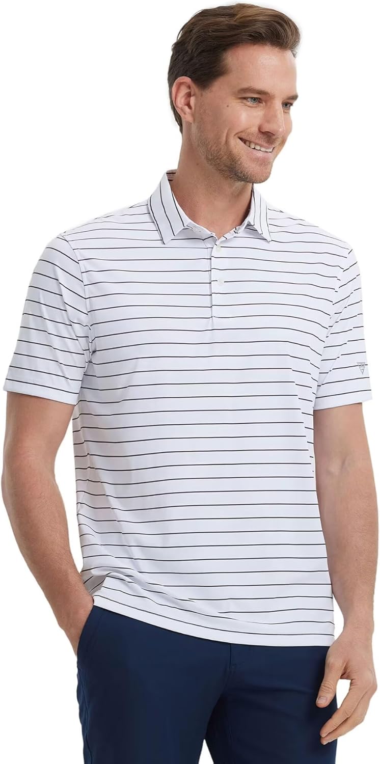 M MAELREG Mens Striped Golf Shirts Short Sleeve Silk-Like Touch Water-Resistant Breathable Soft Collared Polo Shirts for Men