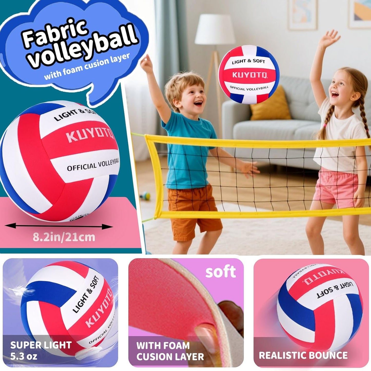 KUYUTQ Soft Light Quiet Indoor Volleyball for Kids Youth Beginners, Perfect for House Yard Training Practice Games(Deflated)
