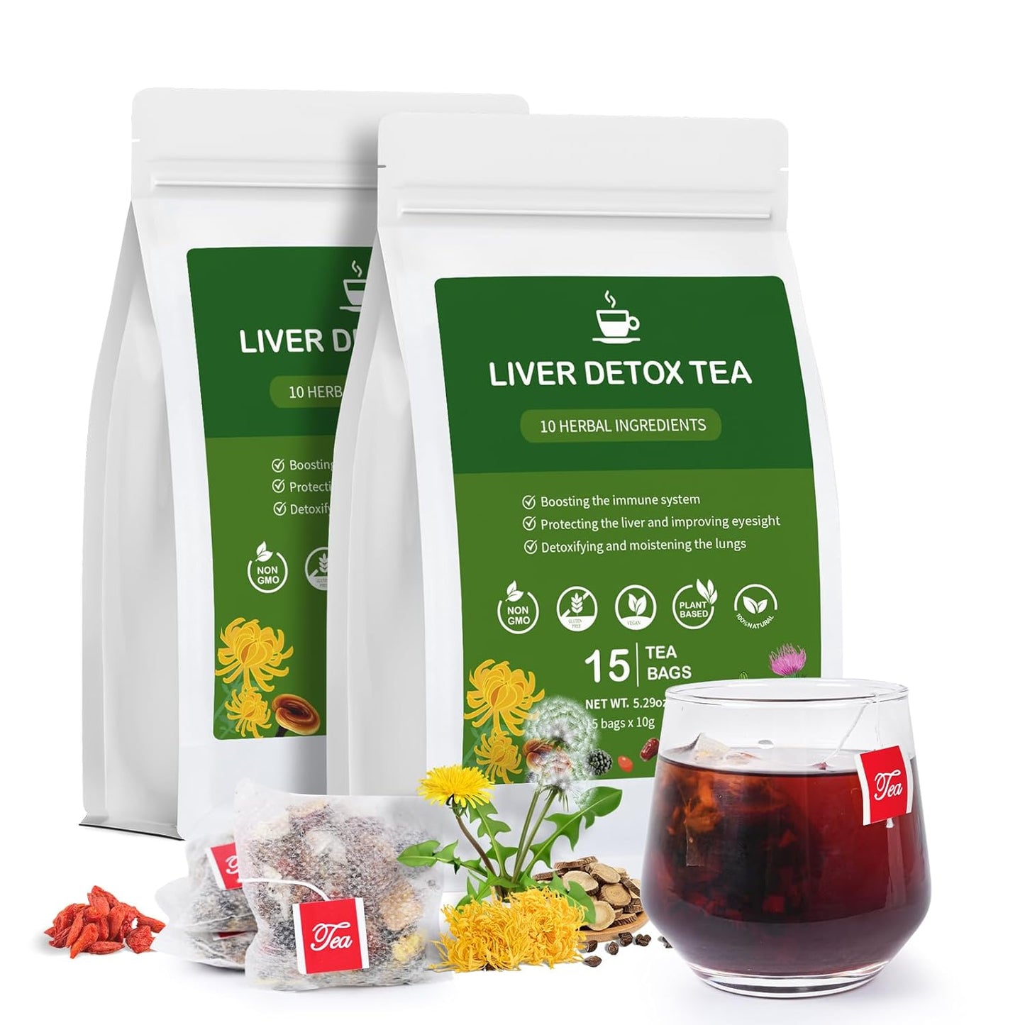 Liver Detox Tea, Chinese Natural Kidney and Liver Cleanse Detox Herbal Tea Support Healthy Kidney Function with 11 Precious Ingredients Formula (30 Bags/2 Pack)