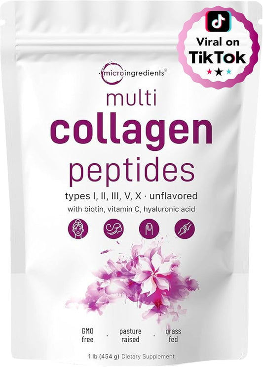 Micro Ingredients Multi Collagen Peptides Powder, 16oz | Type I, II, III, V, X + Biotin, Vitamin C & Hyaluronic Acid | Unflavored | Supports Hair, Skin & Joint Health | Keto, Non-GMO