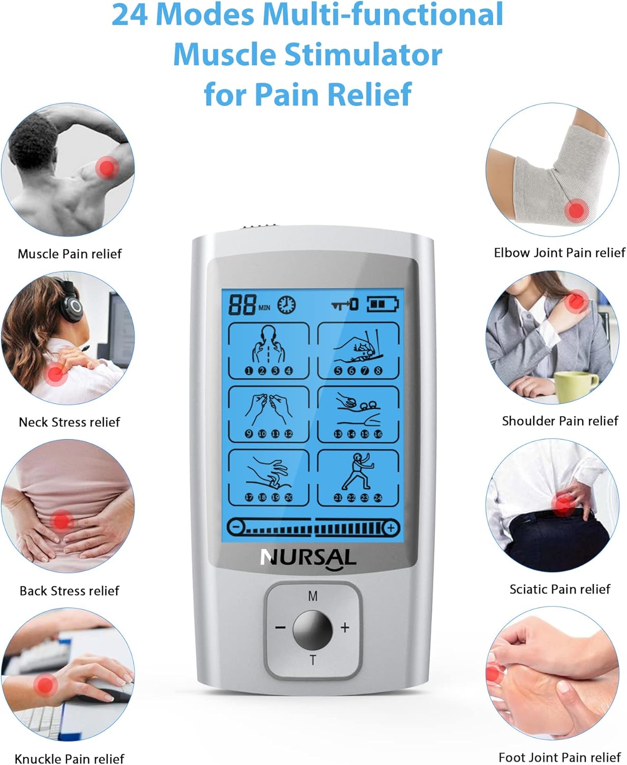 NURSAL 24 Modes TENS Unit Muscle Stimulator with Continuous Stimulation, Rechargeable Electronic Pulse Massager with 8 Pads for Back and Shoulder Pain Relief and Muscle Strength (Silver)