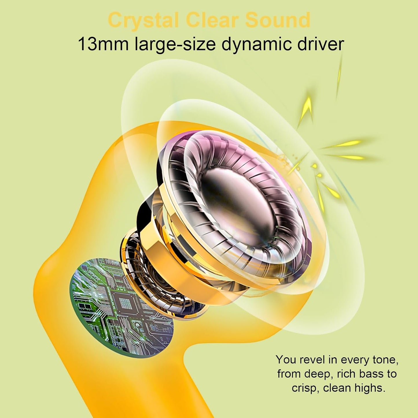 Wireless Earbuds, Bluetooth 5.4 Headphones in Ear with Noise Cancelling Mic, Bluetooth Earbuds Stereo Bass, IP7 Waterproof Sports Earphones, 32H Playtime USB C Charging Ear Buds Yellow for Android iOS