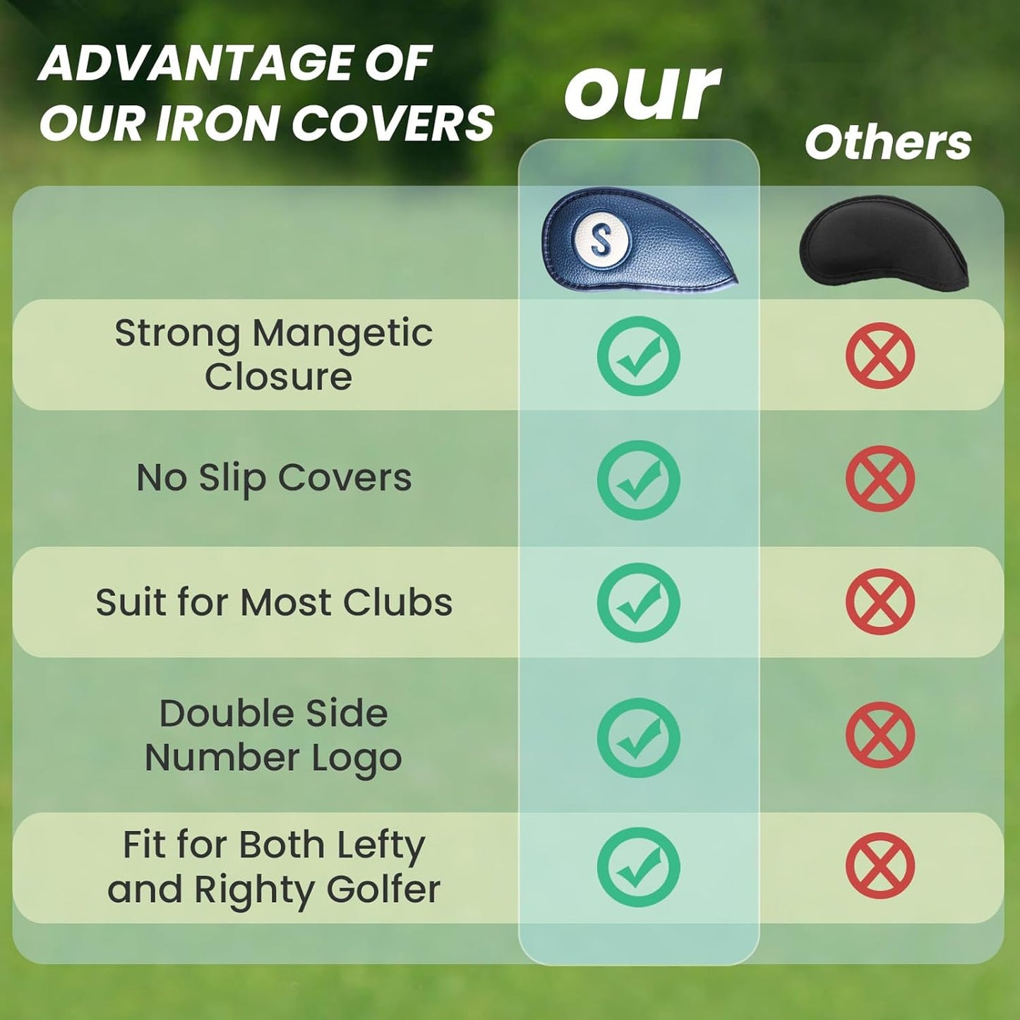 FINGER TEN Golf Club Covers for Irons Magnetic Value 11 Pack, Synthetic Leather Deluxe Head Cover Set Headcovers for Irons Fit Main Iron Clubs