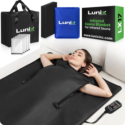 Lunix LX17 Infrared Sauna Blanket for Home, Portable Sauna for Detox, Pain Relief & Recovery, Adjustable 77–176°F Far Infrared Heat with Head Pillow, Detox Wrap & Hot Cold Gel Pack – Jet Black