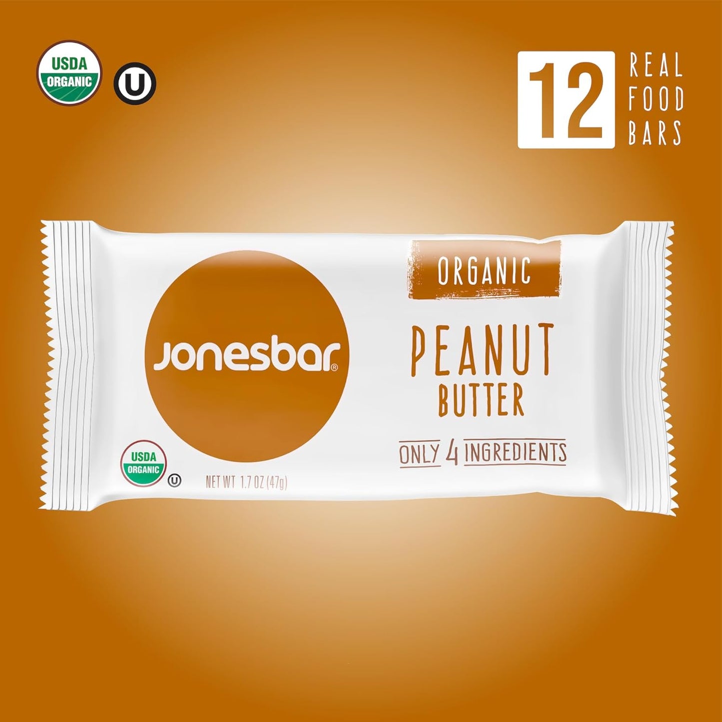 JONESBAR (Peanut Butter, 12 Count (Pack of 1)), USDA Organic Fruit & Nut Bar, Non-GMO, Kosher, Vegan, Gluten Free, Simple Snack Bar