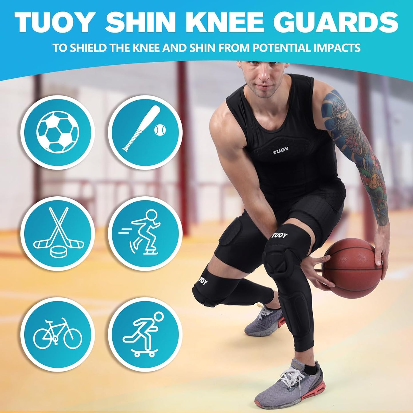 TUOY Knee Pad with Shin Guard Pads, Protective Shin/Knee Sleeve Support for Soccer, Football, Basketball, Wrestling, Volleyball (A Pair)