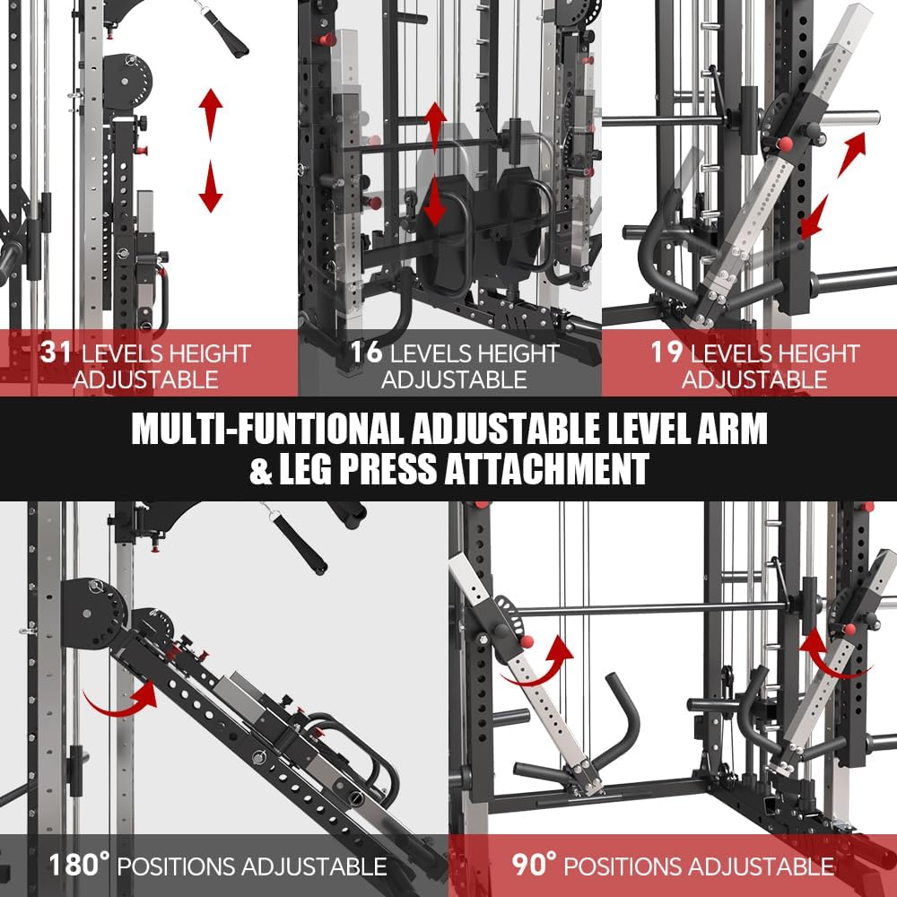 Commercial Smith Machine with Smith Bar, 4000LBS Power Cage Squat Rack with Lever Arm, Leg Press, LAT Pull Down System, Multi-Function Linear Bearing Cable Crossover Machine for Home Gym