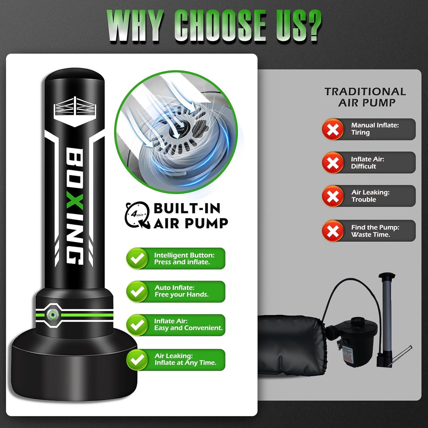 Upgrated Standing Punching Bag for Adults, Boxing Bag with Automatic Built in Air Pump and 12OZ Gloves, 69'' Kicking Bag Boxing Equipment Heavy Bag for Training MMA Muay Thai Fitness