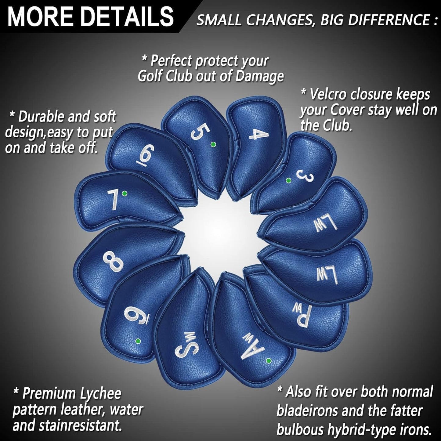FINGER TEN Premium Synthetic Leather Stylish Iron & Wedge Golf Head Covers Value 12 Piece Set, Embroidered Labels & Fits Most Clubs Gift Set, Travel Protection Accessories